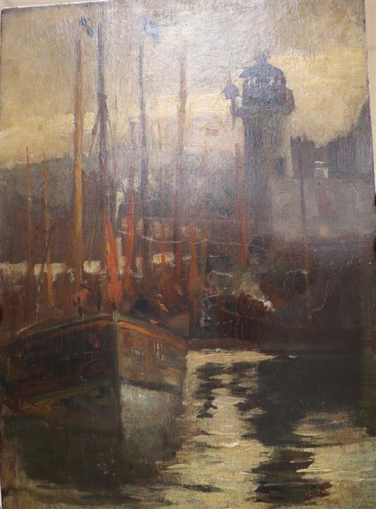 Newlyn School, oil on panel, Fishing boats in harbour, 32 x 23cm, unframed